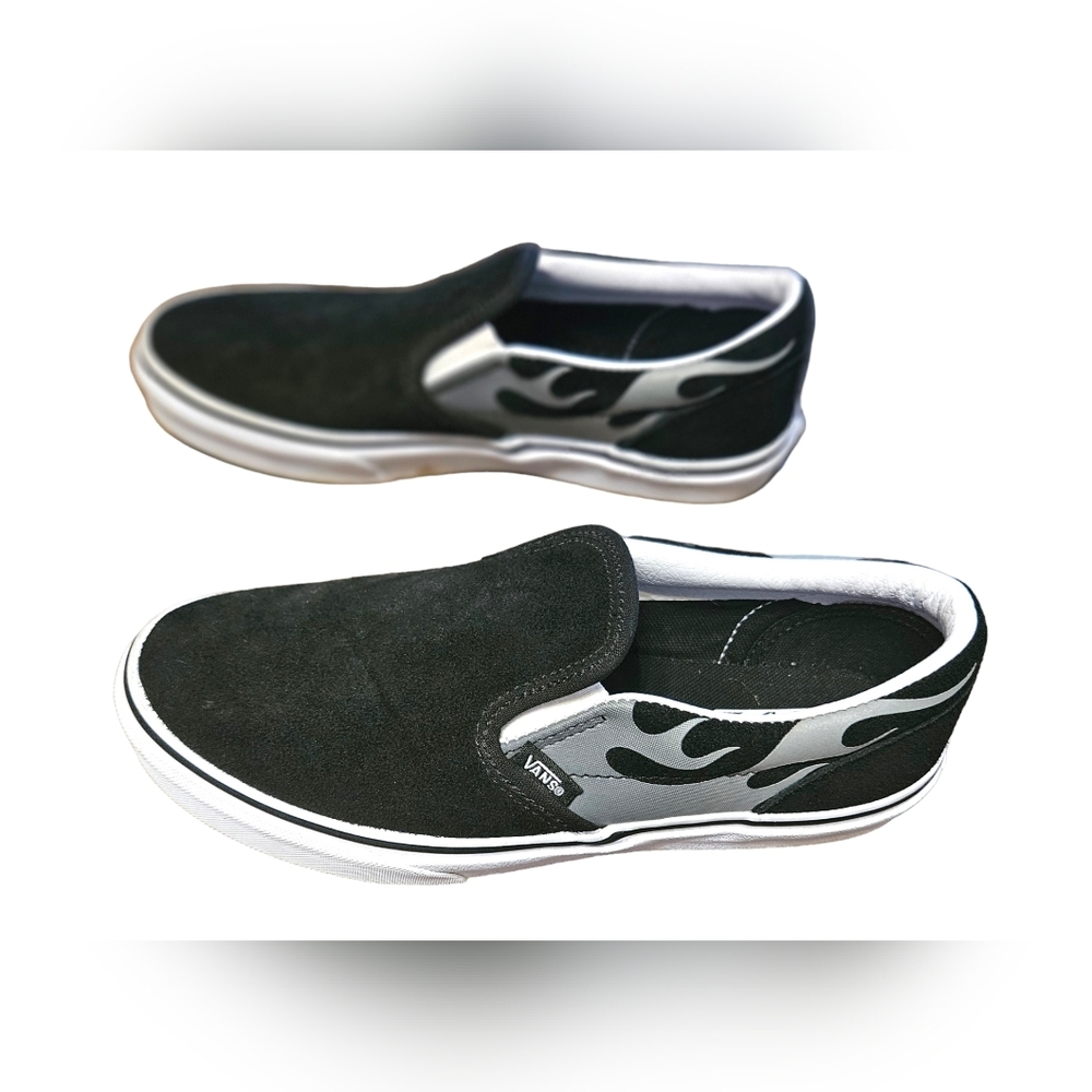Vans Classic Slip-on (Suede Flame) Black Gray White,  Unisex Size 6.5